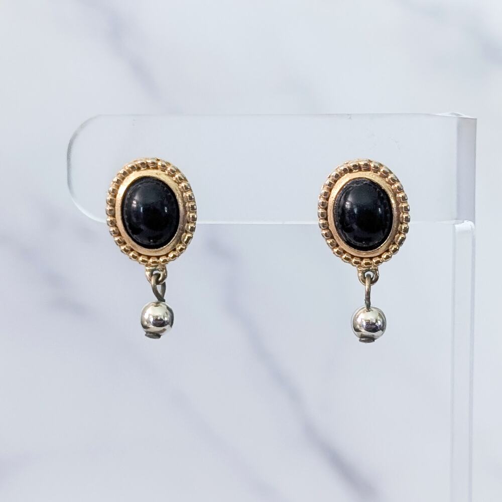 Vintage Stud Earrings Gold Tone with Black Center and Silver Tone Ball Dangle